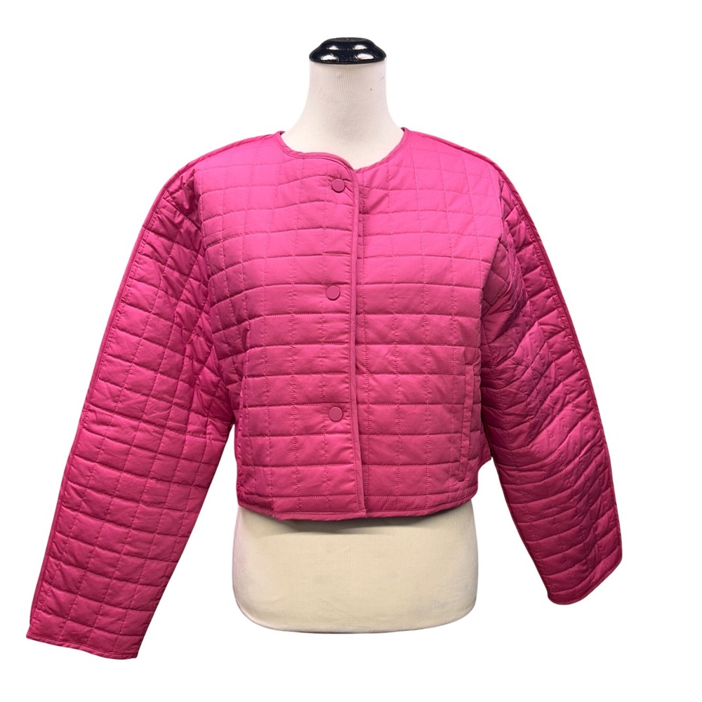 Lulus Quilted Jacket Women M Pink Cropped Snap Front Lightweight Barbiecore Boxy